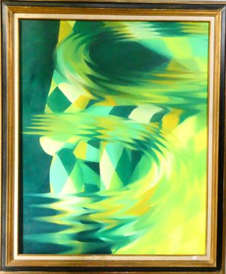tableau abstrait vert et jaune dans un cadre doré
