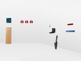 a white room with a cactus and several different colored objects on the wall