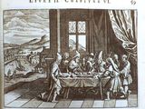 a drawing of a group of people sitting around a table