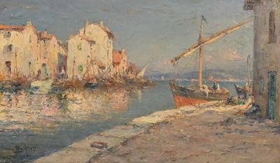 a painting of a boat in the water near a building