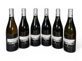 six bouteilles de vin alignées sur une surface blanche