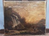un vieux tableau représentant un paysage de montagne avec du bétail au premier plan