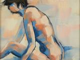 an oil painting of a naked man sitting on the beach