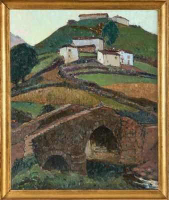 une peinture à l'huile représentant un pont enjambant une rivière, avec un château sur une colline en arrière-plan