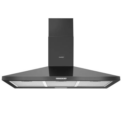 une hotte de cuisine noire surmontée d'une lampe