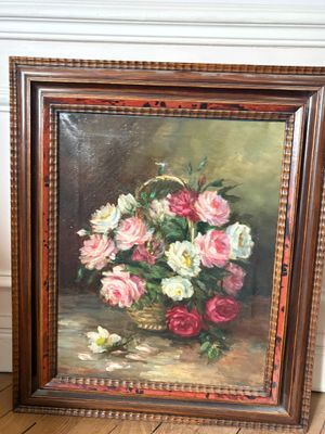 tableau représentant un vase de fleurs posé sur une table à côté d'un autre vase de fleurs