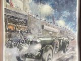 painting of a vintage race car in front of a crowd of people