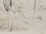 drawing of a landscape with trees, bushes, and a man on a horse
