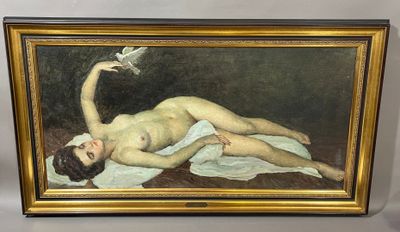 painting of a nude woman laying on a bed with a dove