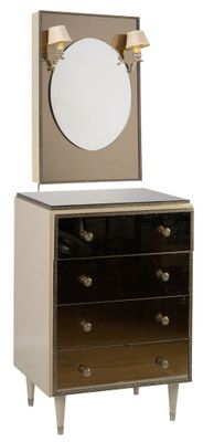 an image of a dresser with a mirror on top of it