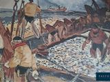 a painting of a group of men working on a boat