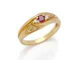 a yellow gold ring with a ruby and white diamonds