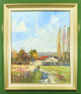 an oil painting of a farm scene with a green frame