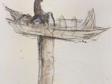 dessin représentant un oiseau perché sur un bain d'oiseaux, lui-même posé au sommet d'un poteau en bois