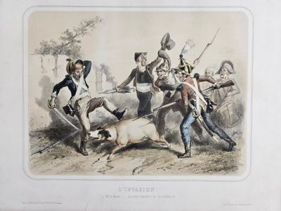 un dessin représentant un homme à cheval, tiré par un chien