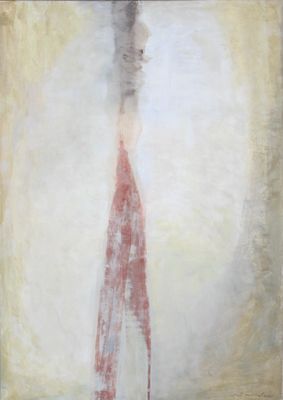 tableau représentant une femme en robe rouge debout devant un fond blanc