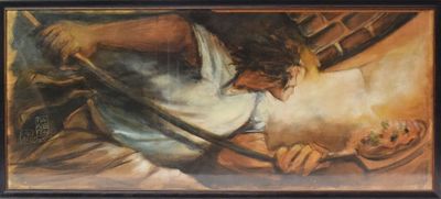 un tableau représentant un homme armé d'une épée dans une pièce