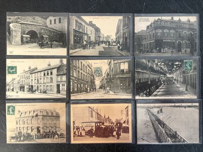 many old photos of old buildings and cars on the street