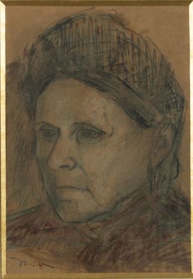portrait of a woman in a hat by a painting of a woman
