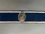 un gros plan d'une médaille accrochée à un ruban bleu et blanc