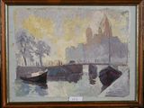 an oil painting of boats on a river with a city in the background