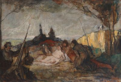 une image d'un tableau représentant un groupe de personnes dans une zone boisée