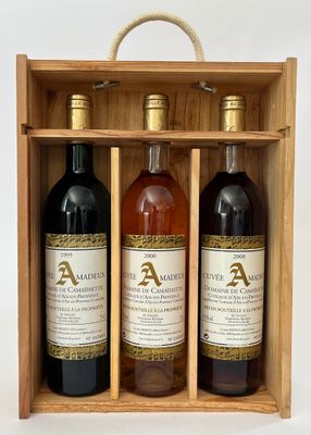 trois bouteilles de vin dans un coffret en bois muni d'une poignée en corde