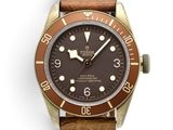 une photo d'une montre-bracelet marron et dorée, montée sur un bracelet en cuir marron
