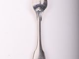 a silver spoon with a flower on it on a white surface