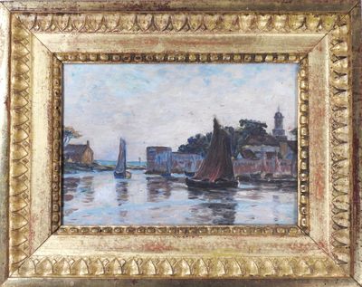 une peinture à l'huile représentant des bateaux dans un port avec des bâtiments à l'arrière-plan