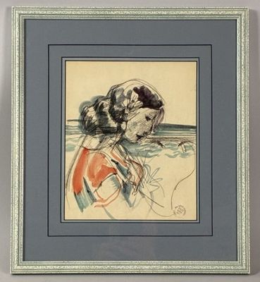 painting of a woman in a red dress with a cat on her shoulder