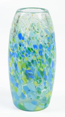 a glass vase with a blue and green design on it