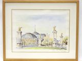 aquarelle représentant un belvédère et une fontaine dans un parc