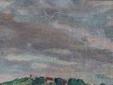 a picture of a painting of a landscape with a house on a hill