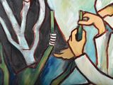 a painting of a man and a woman holding a cell phone