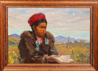 une peinture à l'huile représentant une femme en train de lire un livre dans un champ