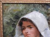 painting of a young girl in a white bonnet with a white scarf