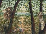 a painting of two koalas hanging from a tree