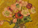 painting of a vase of flowers on a table with a yellow background