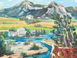 tableau représentant une rivière traversant une vallée, avec des montagnes en arrière-plan