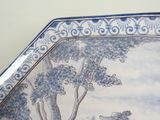 a blue and white plate with a picture of a man and a dog