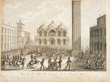 a drawing of a crowd of people riding horses in front of a building