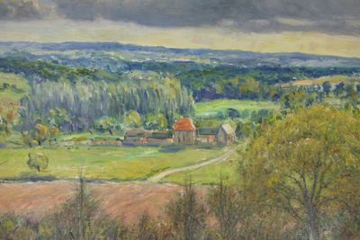 an image of a painting of a landscape with a house and trees