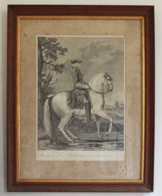 painting of a man riding a white horse in a wooded setting