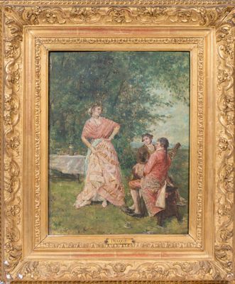 une peinture à l'huile représentant une femme et deux enfants dans un parc