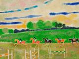 une peinture représentant un groupe de personnes à cheval dans un champ