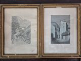 two framed pictures of a building and a train on a wall