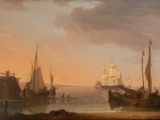 un tableau représentant des bateaux sur un plan d'eau près du rivage
