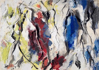 abstract painting of a group of people walking in a line