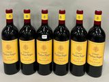 six bottles of red wine lined up in a row on a table